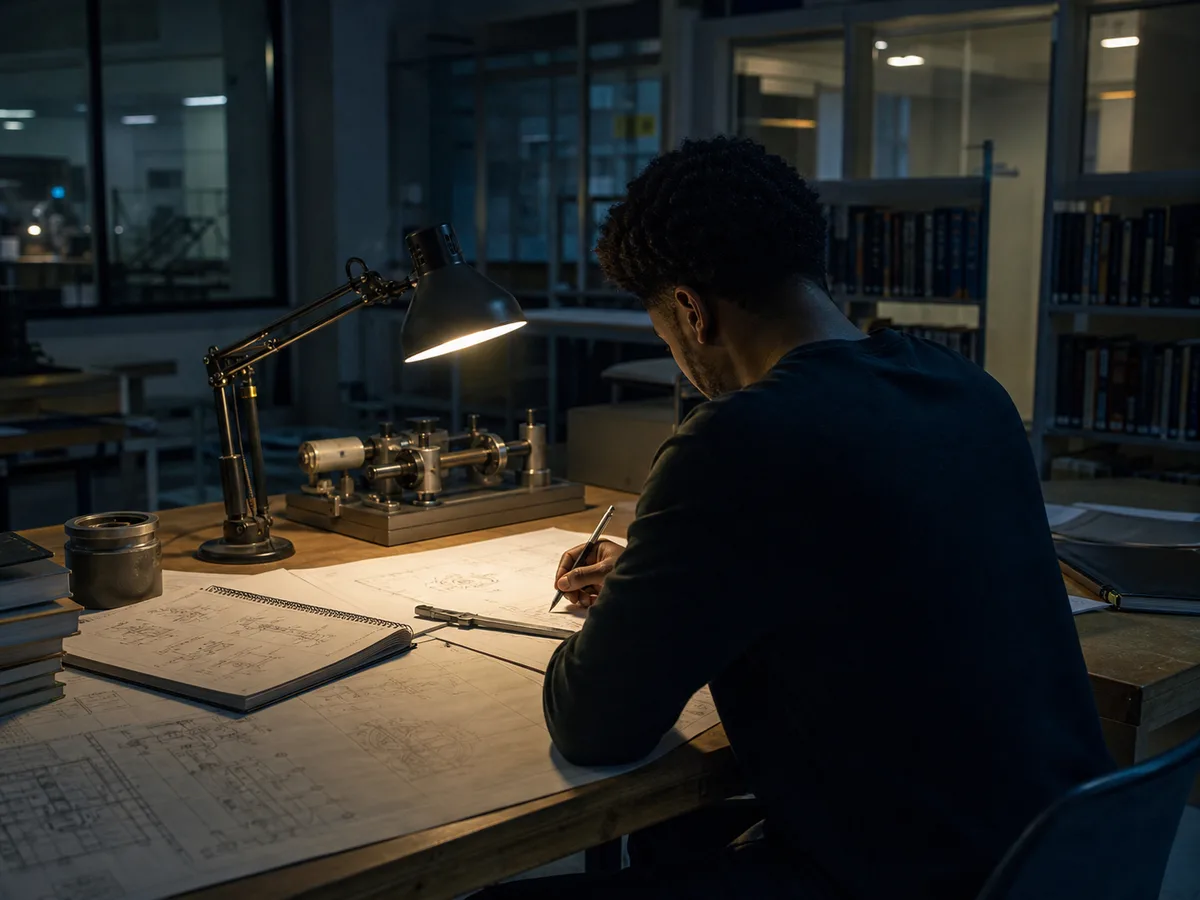 Visual reconstruction of a Black graduate student studying mechanical engineering in a quiet Miami lab