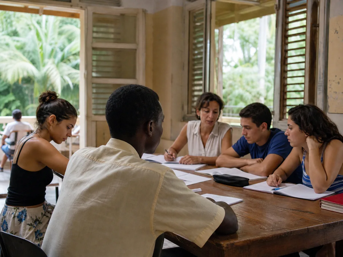 Visual reconstruction of a Black African student learning with classmates in a Cuban language classroom