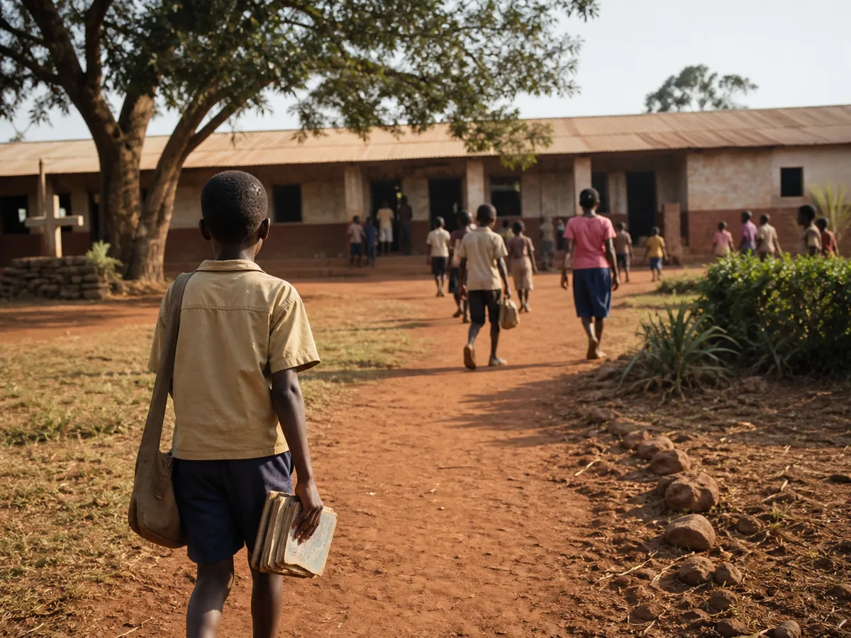 Visual reconstruction of a Black Zambian child walking toward a modest school in Kalulushi