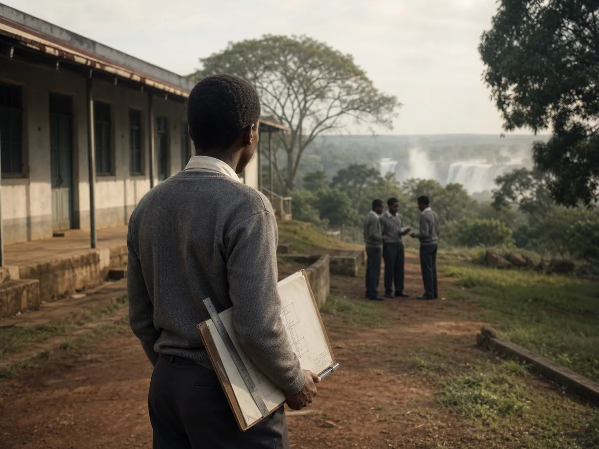 Visual reconstruction of a Black Zambian student carrying technical drawing materials near Livingstone