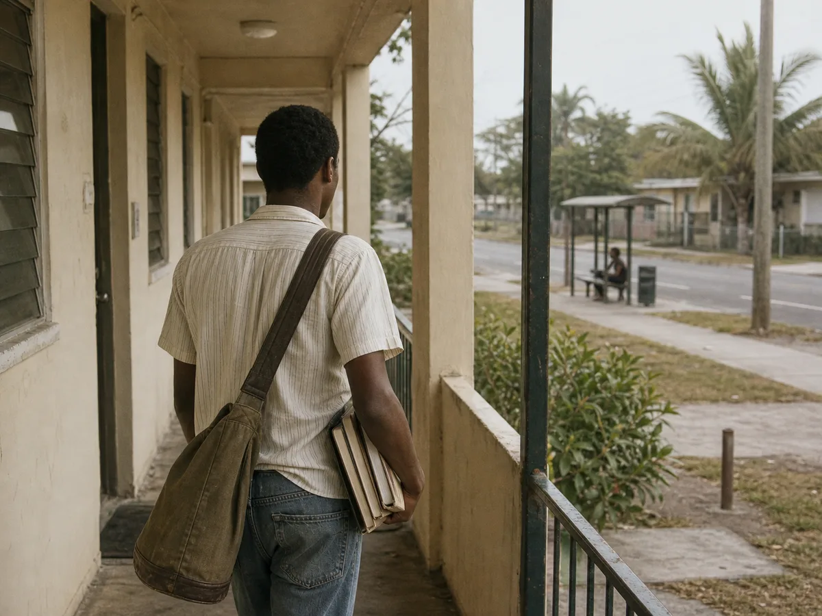 Visual reconstruction of a Black immigrant carrying books and a work bag through a modest Miami corridor