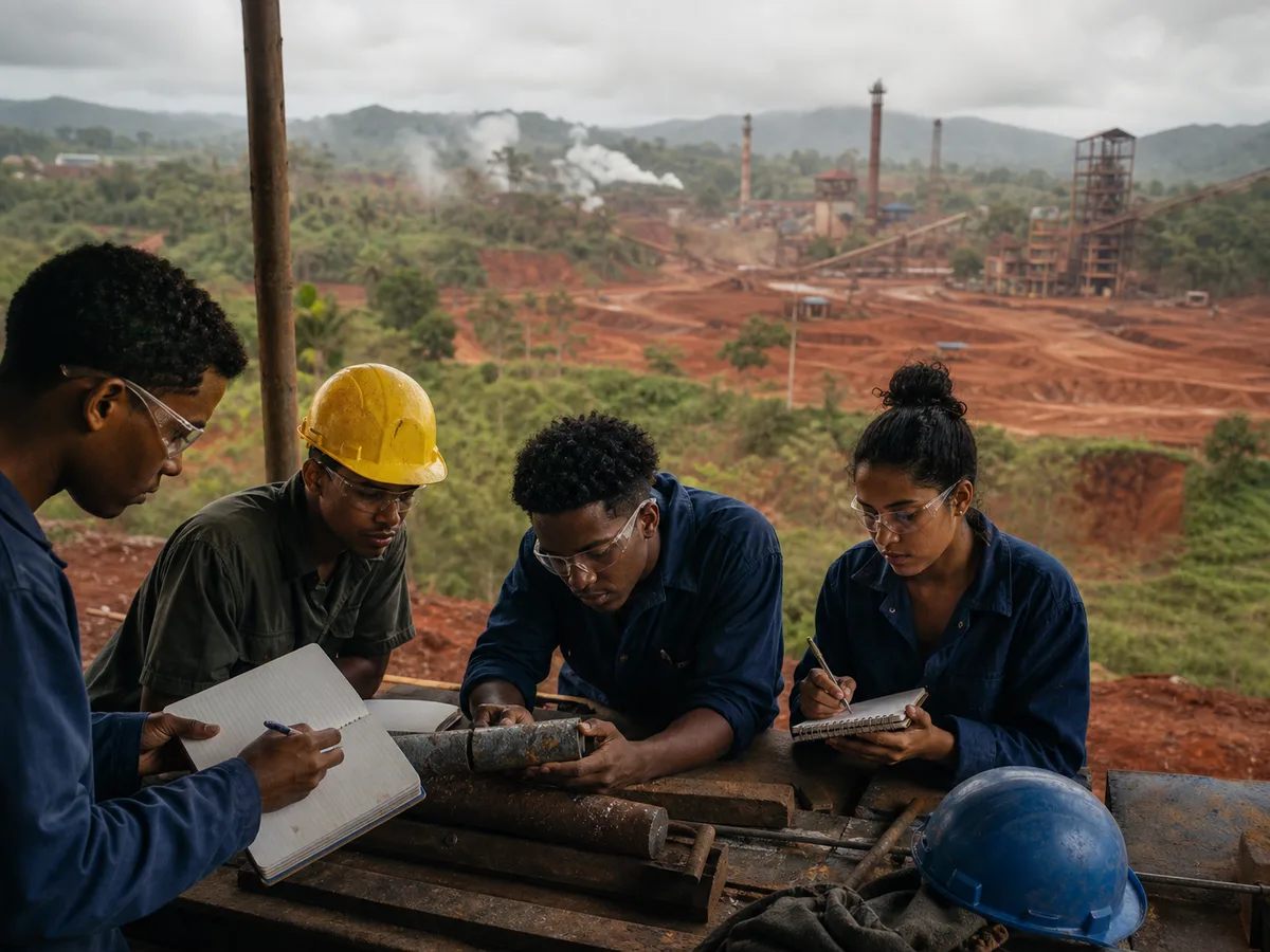 Visual reconstruction of engineering students studying near a red-dust mining landscape in Moa, Cuba