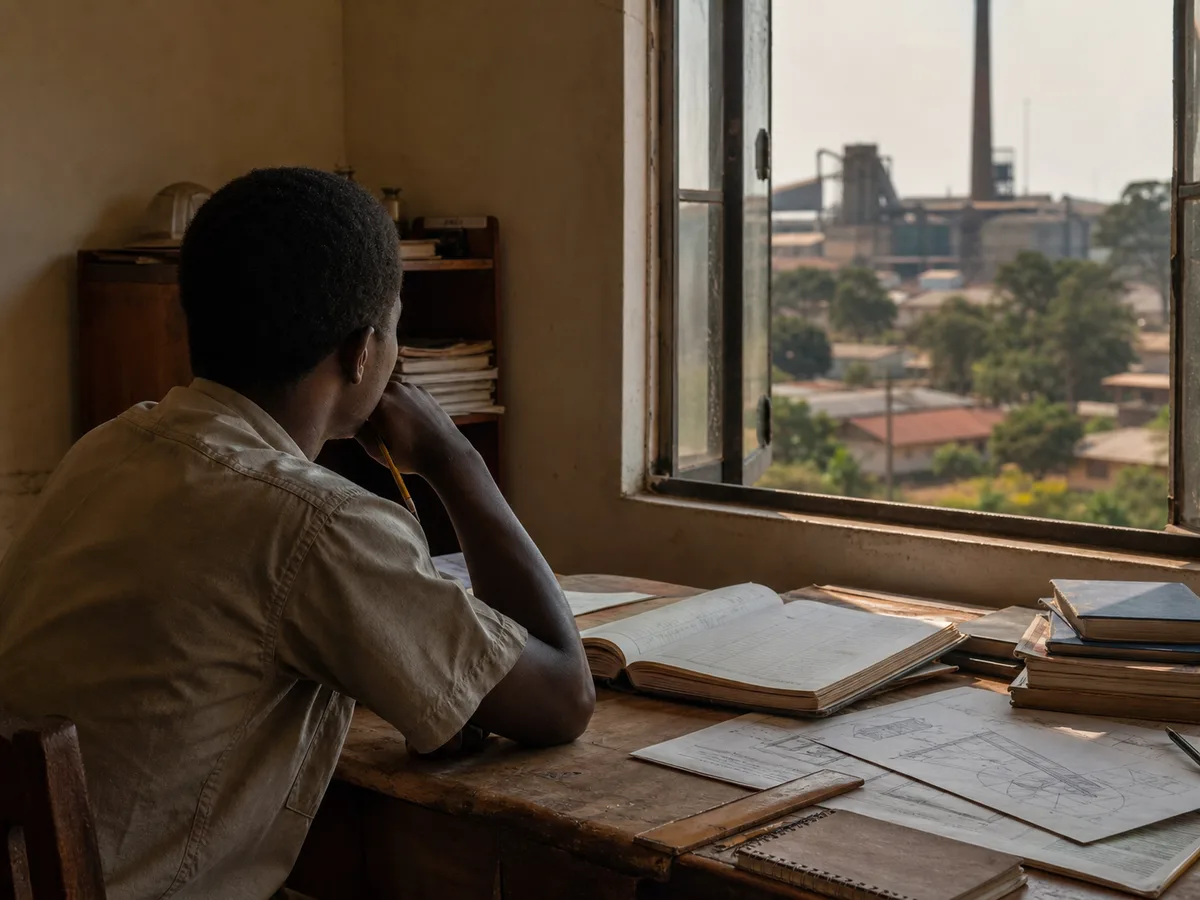 Visual reconstruction of a young Black Zambian man studying accountancy and engineering materials in Chingola
