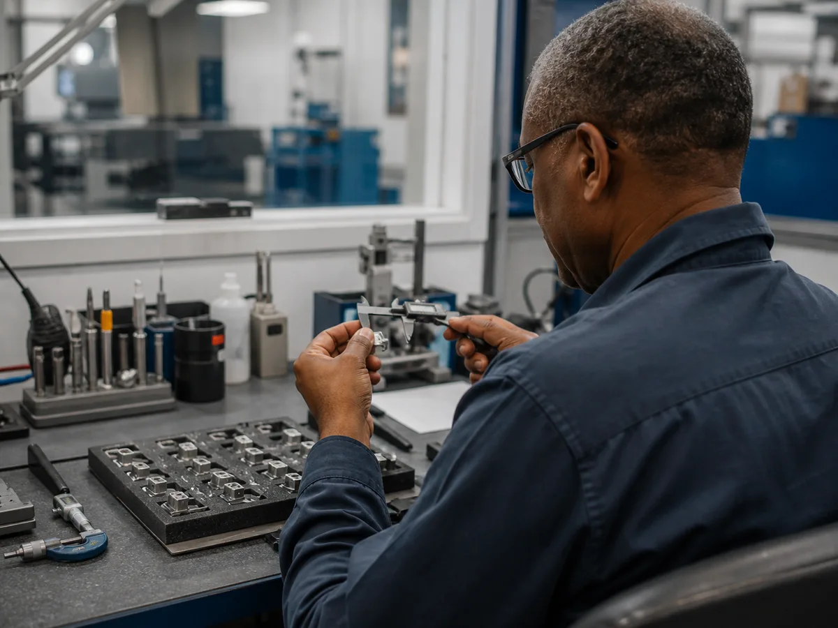 Visual reconstruction of a mature Black engineer inspecting precision metal components in the United States